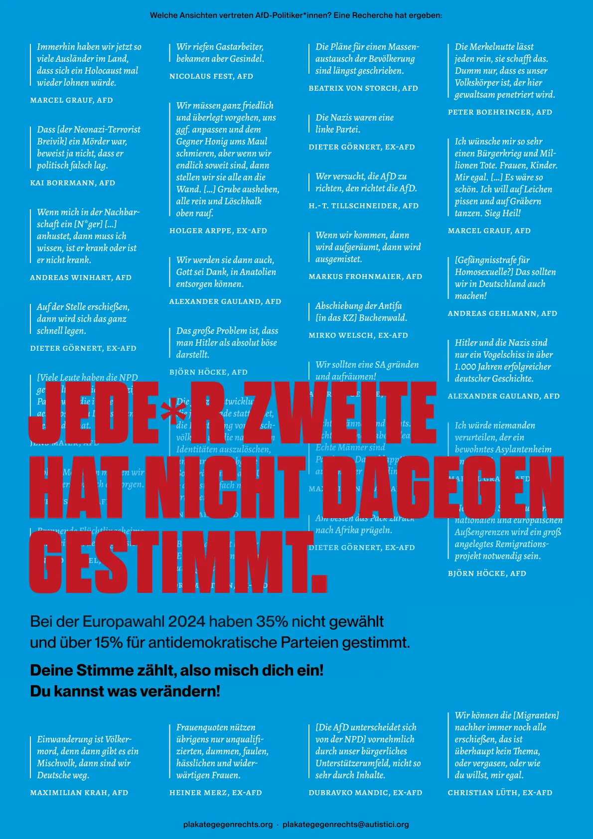 Im Hintergrund stehen viele Menschenverachtende Plakate von teils Ehemaligen AFD Mitgliedern und Mitgliederinnen. Im Vordergrund steht die Aufschrift 'Jede*r Zweite hat nicht dagegen gestimmt'.