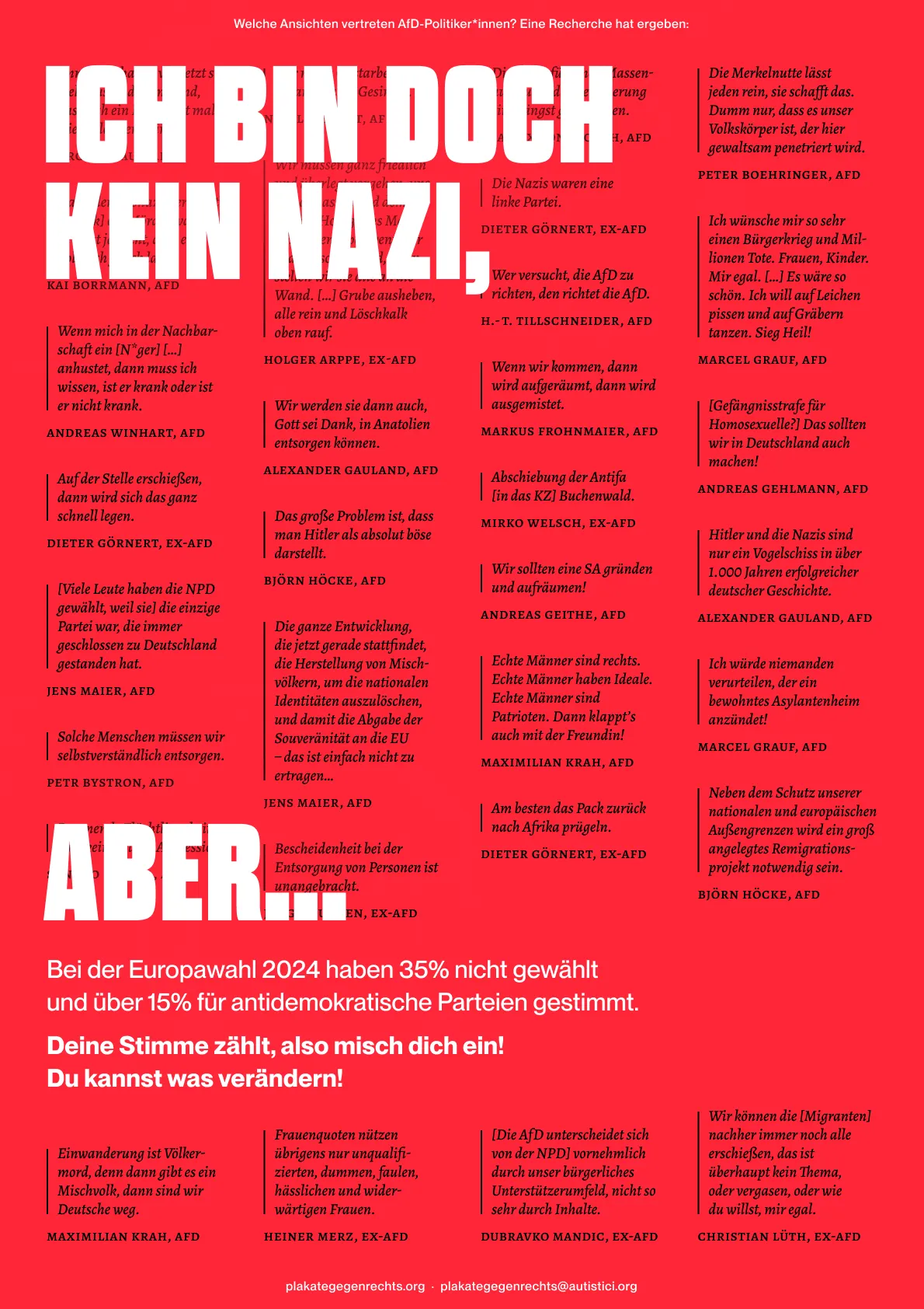 Im Hintergrund stehen viele Menschenverachtende Plakate von teils Ehemaligen AFD Mitgliedern und Mitgliederinnen. Im Vordergrund steht die Aufschrift 'Ich bin doch kein kein_nazi, aber …'