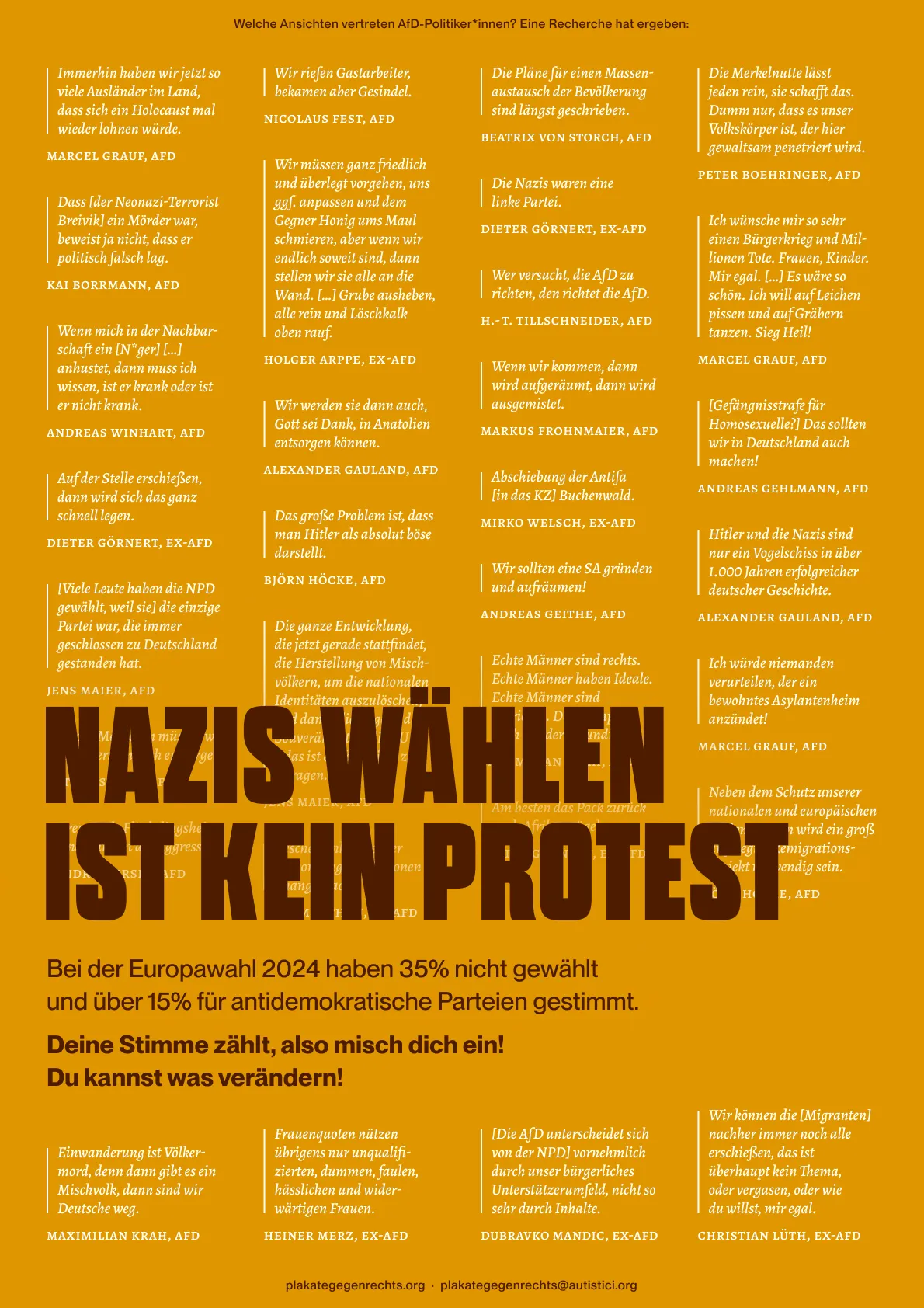 Im Hintergrund stehen viele Menschenverachtende Plakate von teils Ehemaligen AFD Mitgliedern und Mitgliederinnen. Im Vordergrund steht die Aufschrift 'Nazis wählen ist kein Protest'.